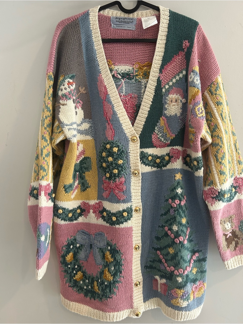 vintage Northern Isles Holiday cardigan patchwork Christmas tree wreath, Pink L